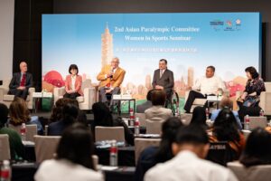 Delegates including APC President Majid Rashed, Americas Paralympic Committee President Julio César Ávila, European Paralympic Committee President Raymon Blondel and World Abilitysport President Rudi Van den Abbeele (speaking) during the 2nd APC Women in Sports Seminar in Taipei city.